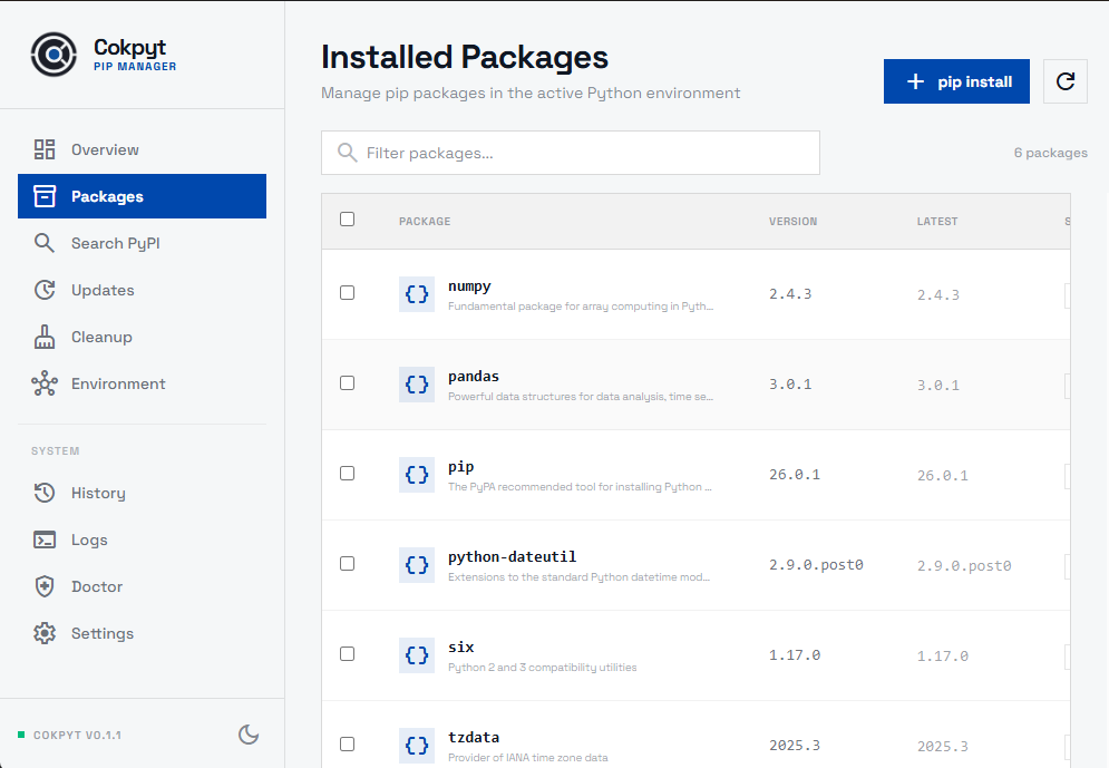Installed Packages page