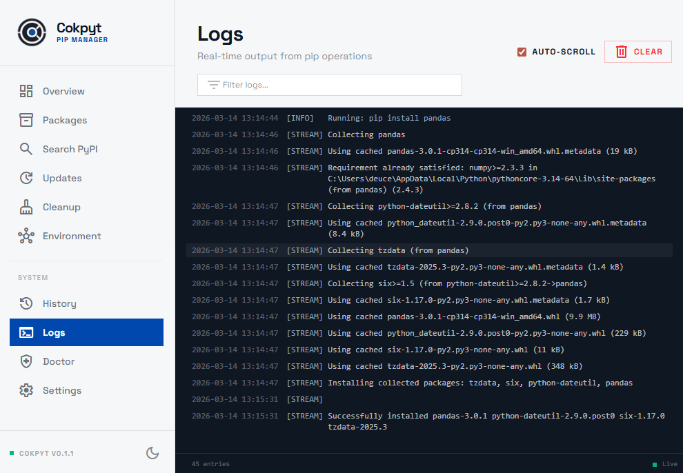 Logs page