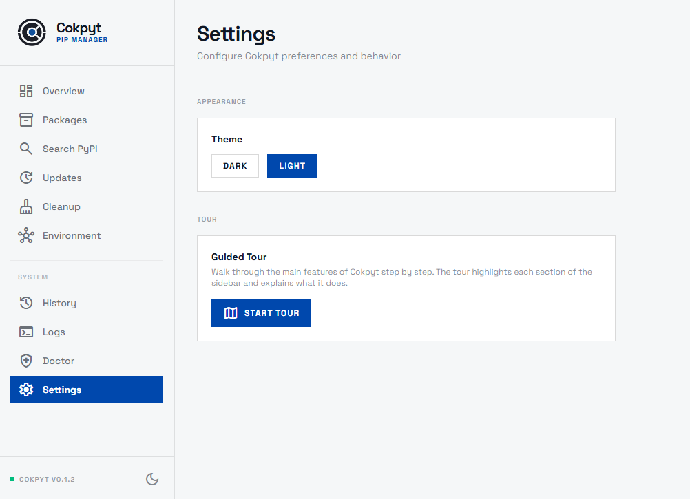 Settings page